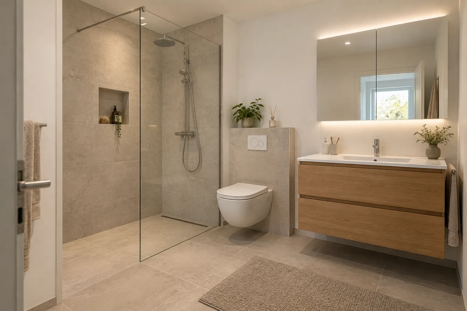 Visualisierung Sorglos Bad: Dusche · Sand · Eiche · Chrom